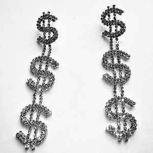 4" Silver Stud Rhinestone $$$ Sign Dangle Earrings